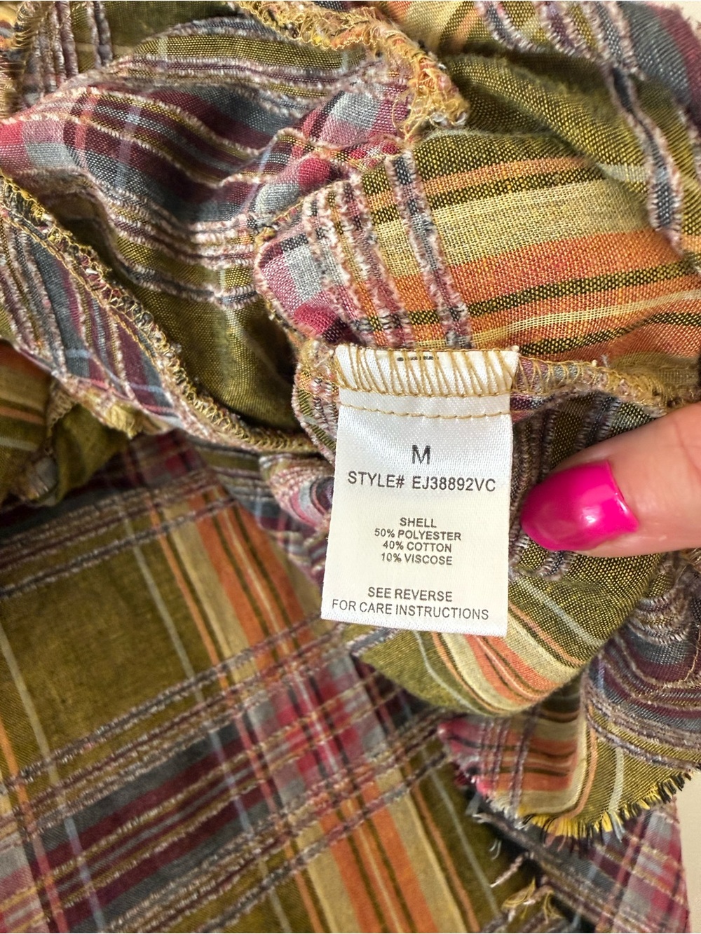 Oli & Hali Plaid Tiered Button Front Shacket Shirt Olive Purple Raw Hem Size M - Picture 11 of 11